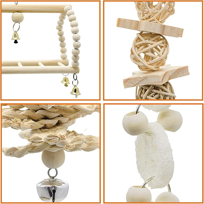 Deloky 7 Packs Bird Parrot Swing Chewing Toys-Hanging Bell Bird Cage Toys Suitable for Small Parakeets, Cockatiels, Conures, Finches,Budgie,Macaws, Parrots, Love Birds