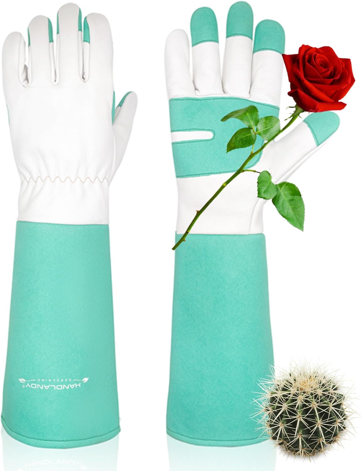 HANDLANDY Long Gardening Gloves for Men & Women, Thorn Proof Rose Pruning Gloves Leather Gauntlets Garden Glove Yard Work Glove (Medium, Green)