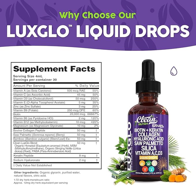 Biotin Liquid Drops Collagen Keratin Hyaluronic Acid Saw Palmetto for Hair Skin and Nails Silica Vitamin A C Vitamin D Bamboo Turmeric Zinc Folate Magnesium Horsetail LuxGlo by Clean Nutra - 2Pack