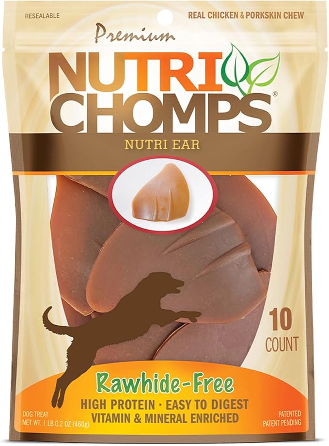 NutriChomps Dog Chews, Ear-Shaped, Easy to Digest, Rawhide-Free Dog Treats, 10 Count, Real Chicken flavor