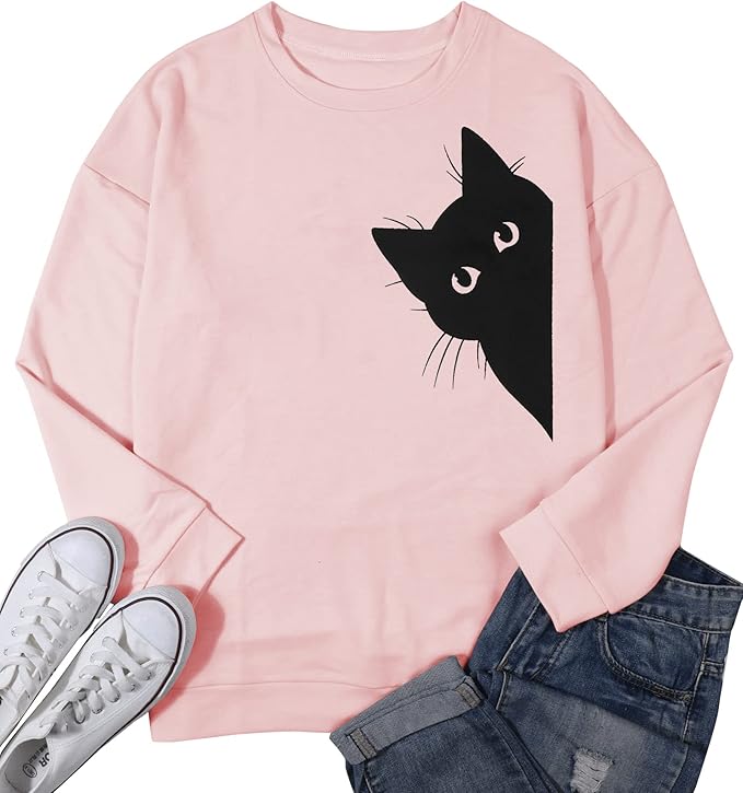 FRYAID Cat Sweatshirt Women Funny Black Cat Graphic Sweater Casual Cat Crewneck Holiday Long Sleeve Hoodie Pullover Top