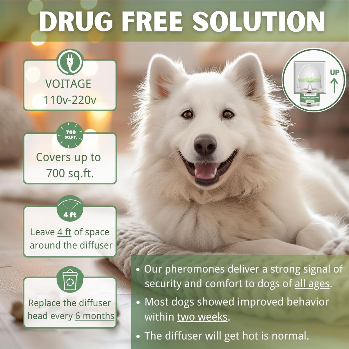 Dog Calming Pheromone Diffuser Kit, Pet Diffuser for Stress Support, Reduces Stress and Promotes Relaxed Behavior, 2 Plug-in & 4 Packs Refill, 120 Day Supply (Non-Toxic, Safe & Inedible), with Light