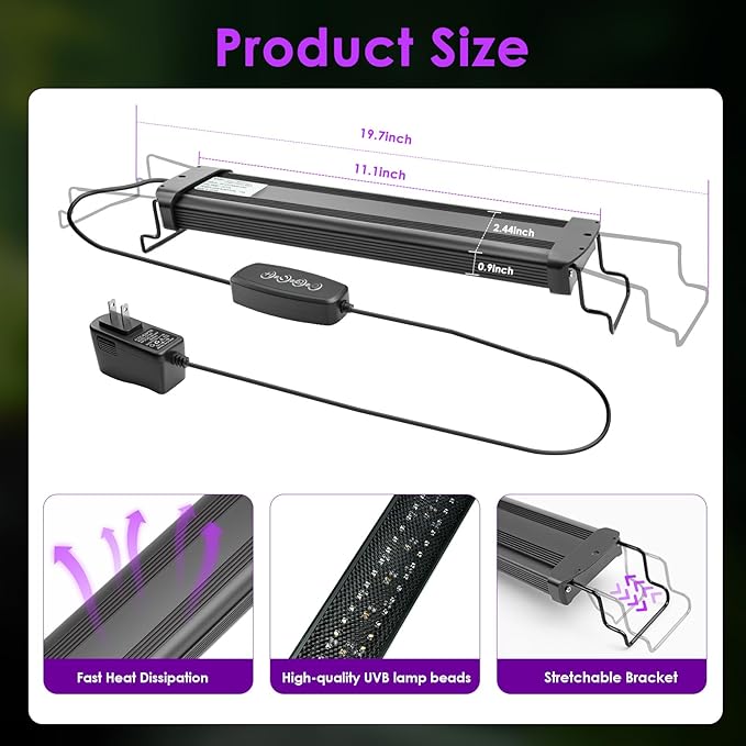 MIXJOY 11-Inch Dimming LED UVA UVB Light for Reptiles, UVB 20.0/UVB 10.0 15W LED Reptile UVB Light for Tropical & Desert Reptile with 3 Light Modes Option 6-Level Dimming 24-Hour Cycle Timer