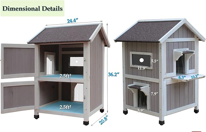 Rockever Outdoor Cat House, Large Outdoor Houses for Feral Cats Wooden Outside Cat Shelter Weatherproof with Escape Door