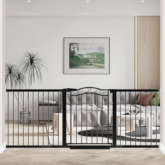 Fairy Baby 81.9"-84.6" Extra Wide Baby Gate for Stairs, Pressure Mounted Auto Close Child Safety Gate with Door No Drill, Large Long Pet Dog Gate for The House Doorways, 82 83 84 Inches Wide, Black