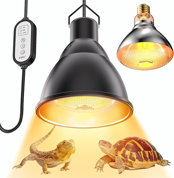 Reptile Light Fixture,7inch Deep Dome Reptile Light Fixture with 3/6/12 Timer,Infrared Reptile Heat Lamp Max 150W Blub, for Turtle Bearded Dragon Lizards Snake, 1PCS 150W Bulb Included