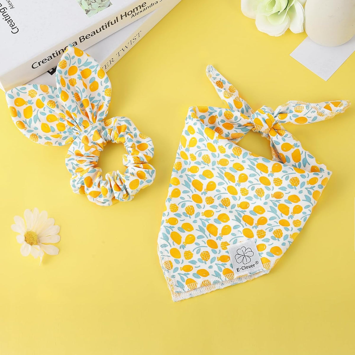 E-Clover Yellow Floral Dog Bandanas & Matching Scrunchie Set Cute Dog Scarf Bibs Pet Bandana with Bow Tie for Medium Large Dogs Owner Mom Spring Summer