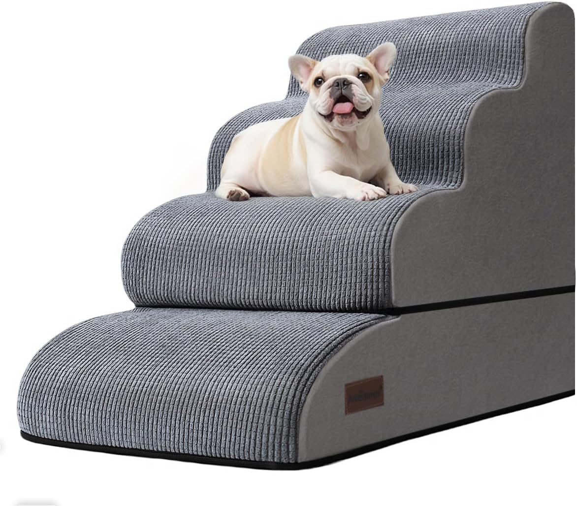 4-Step Dog Stairs and Ramp for Beds or Couches – Non-Slip Sturdy Pet Steps for Small Dogs and Cats,21" H,Grey