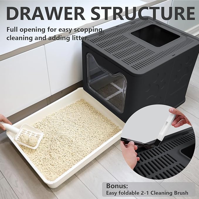 Foldable Cat Litter Box with Lid, Enclosed Potty, Large Top Entry Anti-Splashing Toilet, Easy to Clean Including Litter Scoop and 2-in-1 Cleaning Brush (Black)