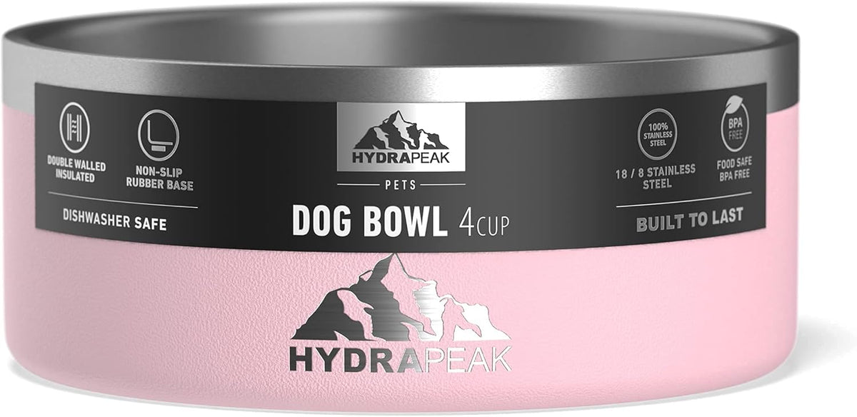 Hydrapeak Dog Bowl; Non Slip Stainless Steel; Water and Food Dish; Large Sized and Small Dogs; 32oz 64oz; Multiple Sizes; 4 Cup | Pink