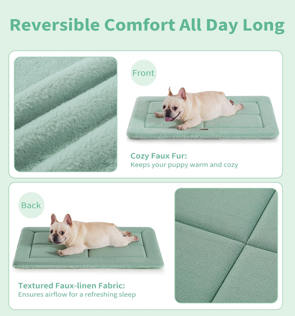 Made4Pets Dog Crate Pad Bed for Large Dogs, Washable & Reversible, Anti-Slip Kennel Mat for Cozy Sleeping, Soft Fluffy Dog Bed for Indoor & Outdoor Use, 44"x32", Green