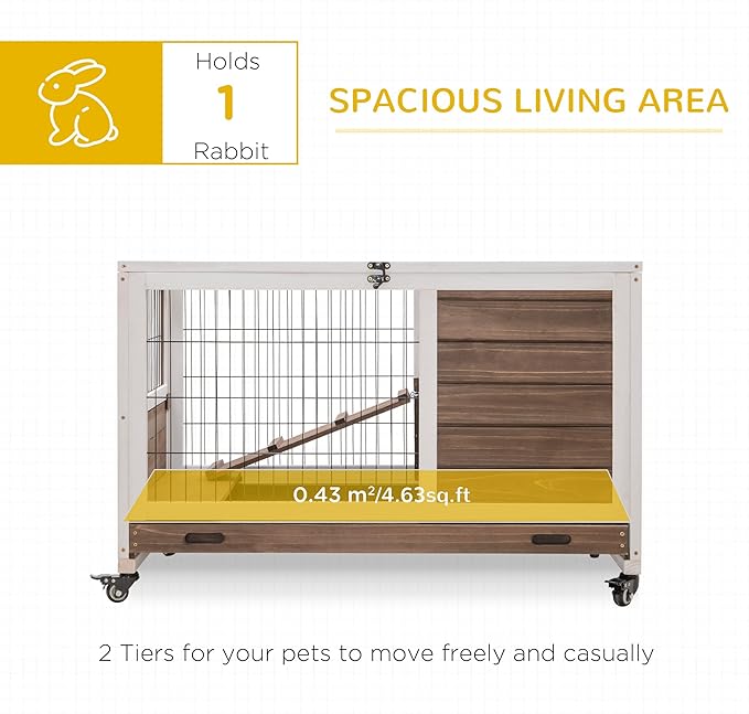 PawHut Wooden Rabbit Hutch Indoor Outdoor, Elevated Bunny Cage with No Leak Tray Enclosed Run with Wheels, Ideal for Guinea Pigs and Small Animals, Brown