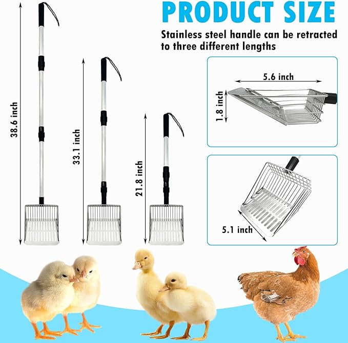 PINVNBY Stainless Steel Chicken Poop Scooper 3 in 1 Adjustable Long Handle Poop Scooper for Chicken(21.8" to 38.6") Multifunctional Chicken Coop Cleaning Tools Sifting Shovel Chicken Coop Accessories