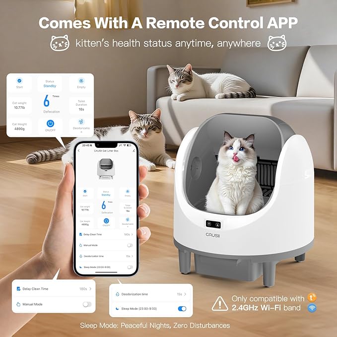 Automatic Litter Box, [Safe Anti-Pinch] CAUSII Large Capacity Self-Cleaning Cat Litter Box for Multiple Cats, App Control, Quiet & Odor-Free,for 3.5-24.2LB, with 30PCS Garbage Bags,Litter Mat