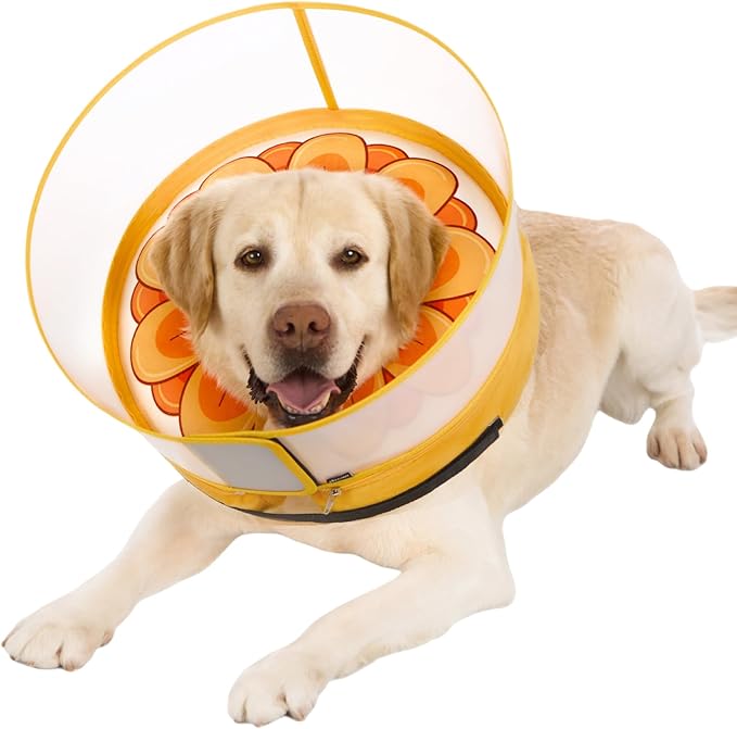 Inflatable Dog Cone Collar with Enhanced Anti-Licking, Soft Neck Donut for Dogs Cats, Recovery Pet Cone Collar After Surgery for Large Medium Small Dogs (Yellow Flower, Medium+)