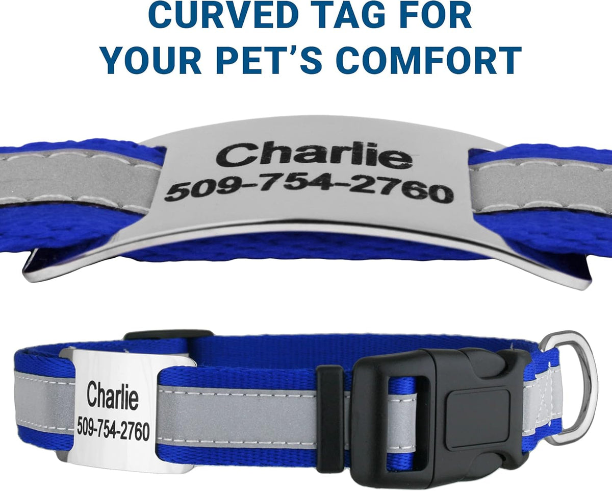 GoTags Reflective Personalized Dog Collar with Nameplate, Adjustable Dog Collar with Custom Engraved Steel Slide On Pet ID Tag, Silent, No Noise Dog Tag for Large Medium or Small (Blue, Medium)