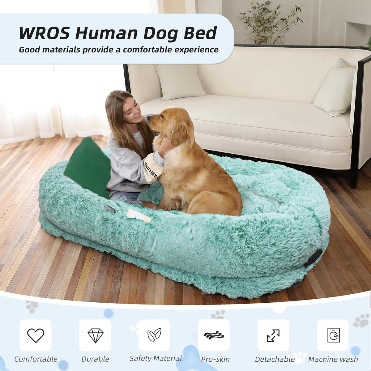 Human Dog Bed, 71''x45''x12'' Size Fits You and Pets, Washable Faux Fur Pet Bed for People Doze Off, Napping Orthopedic Dog Bed, Present Plump Pillow, Blanket, Strap - GreenWhite