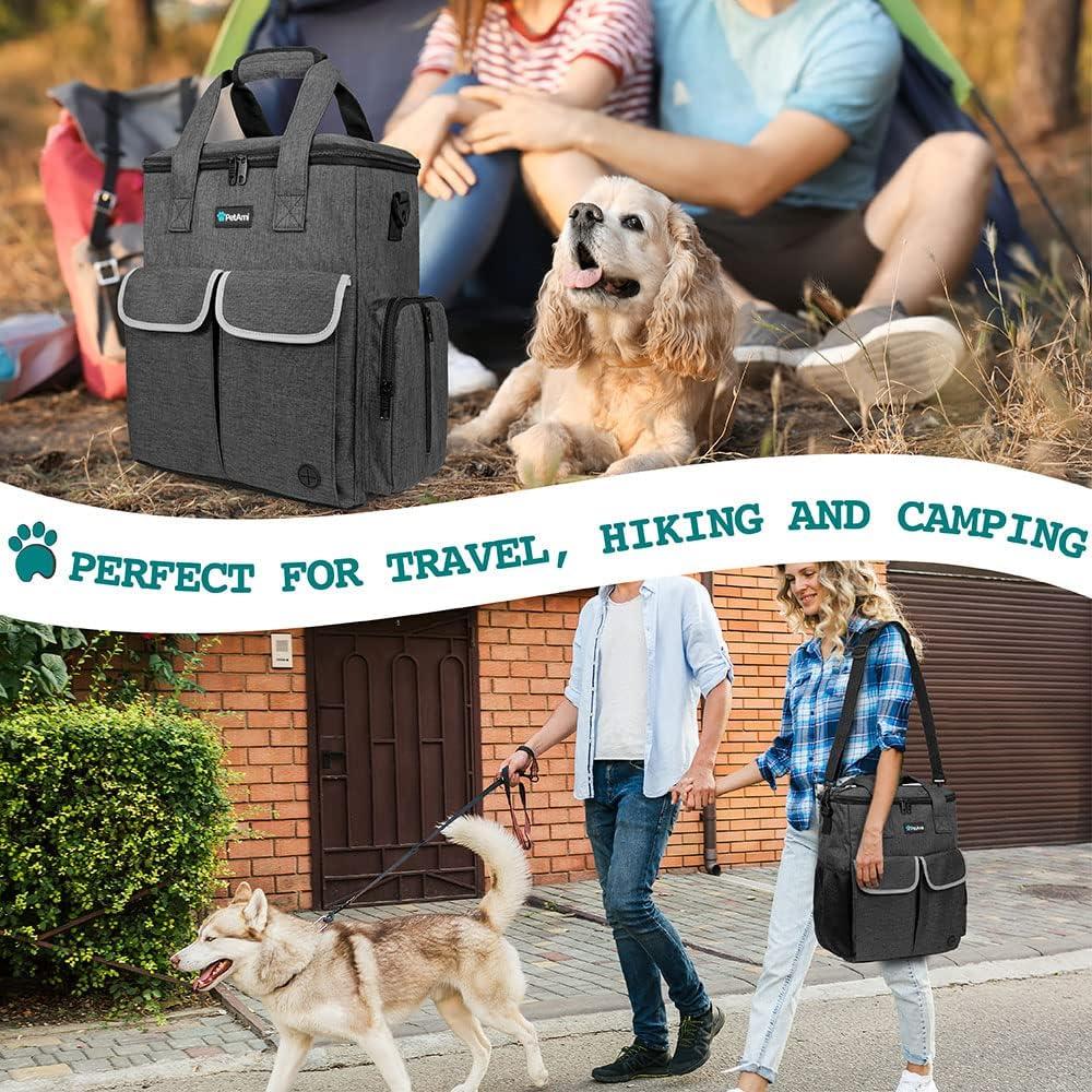PetAmi Dog Travel Bag Pet Supplies Accessories Organizer for Traveling, Camping, Weekend; Cat Pet Travel Bag Kit Includes 2 Food Storage Containers, 2 Collapsible Bowls, 1 Feeding Mat (Dark Gray)