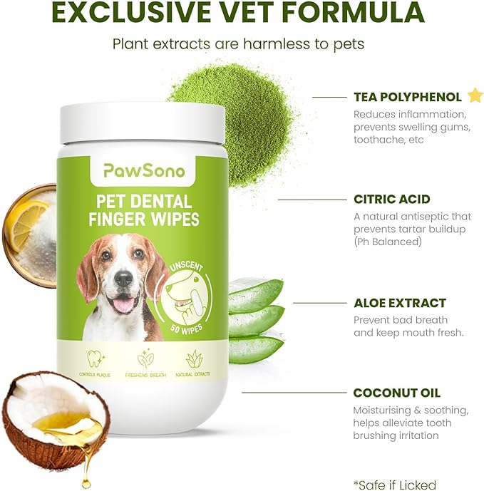 Dog Teeth Cleaning Wipes, Fresh Breath Pet Dental Finger Wipes for Dogs & Cats, Dog Dental Wipes Teeth Wipes, Lick-Safe Pet Toothbrus for Easy Removal of Tartar Buildup, Unscented, 50 PCS