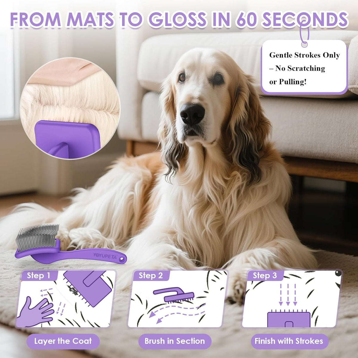 Large Slicker Brush for Dogs - 3PC Pet Grooming Kit - Undercoat Rake & Stainless Comb | Long Pins Remove Mats on Poodles, Golden, Labradoodles | Thick Coat Deshedder for Dogs, Cats, Purple