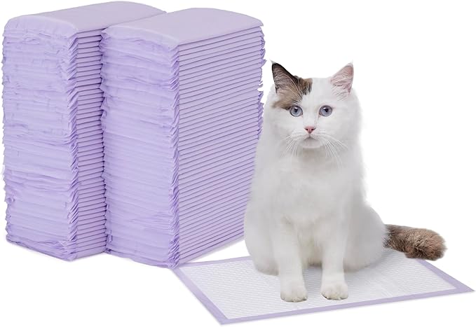 Amazon Basics Cat Pee Pads, 100 Count, Universal Fit for Litter Box, Odor Control with Fresh Scent, White/Purple