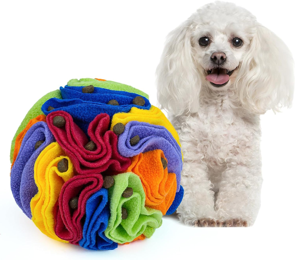 Pet Snuffle Ball, Puzzle Sniffing Interactive Dog Ball for Blind Dogs Training Stress Relief Dog Enrichment Toys Treat Machine Washable (Rainbow Color, 10cm)