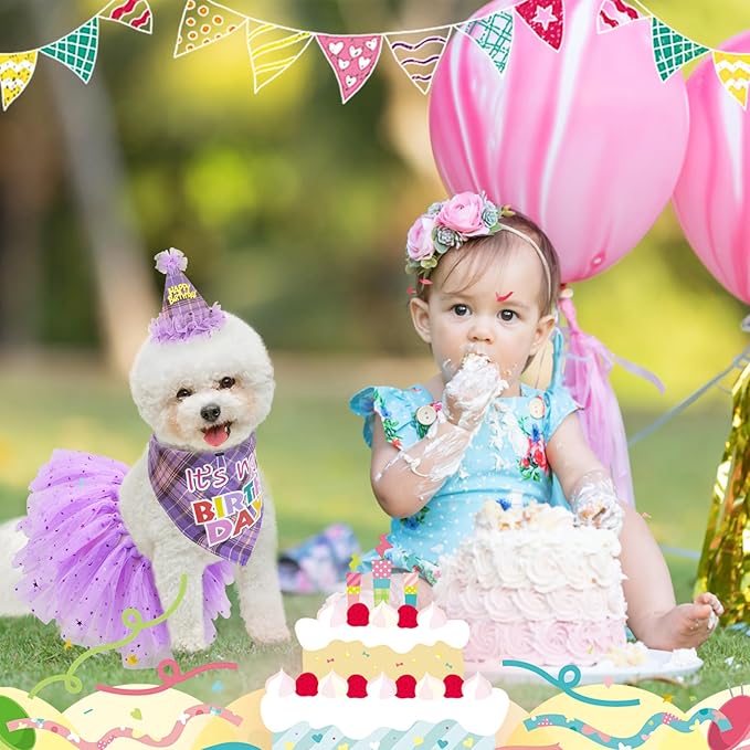 SCENEREAL Dog Birthday Bandana Hat with Dress Girl Set Party Supplies Plaid Puppy Birthday Outfit Cute Dog Tutus for Small Medium Lage Dogs, Purple Plaid