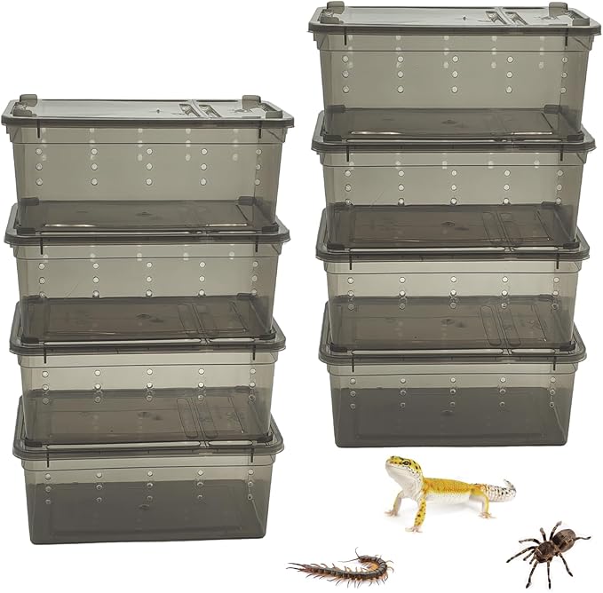 PINVNBY 8 PCS Reptile Feeding Box Portable Snake Breeding Box Lizard Cage Hatching Container 7.48"x4.92"x2.95" Transparent Plastic Pet Houses for Spider Scorpion Gecko Insect Tortoise Treefrog(Black)