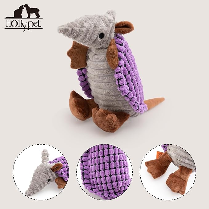 Hollypet Plush Dog Squeaky Toy Stuffed Armadillo Animal Pet Puppy Chew Toys with Clean Teeth for Small Medium Large All Breed Sizes Dogs, Purple, 8 in