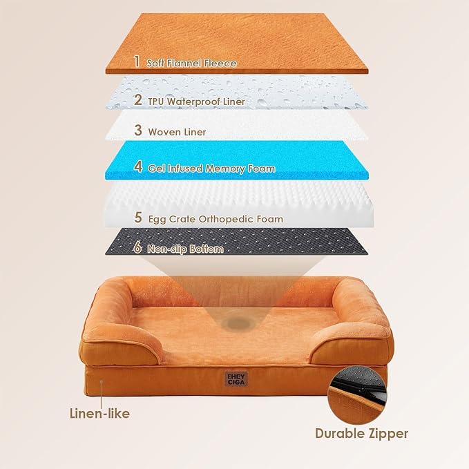 EHEYCIGA Orthopedic XL Dog Beds, Waterproof Memory Foam Dog Bed for Extra Large Dogs, Non-Slip Bottom and Egg-Crate Foam Big Pet Couch Bed with Washable Removable Cover,Pumpkin Orange