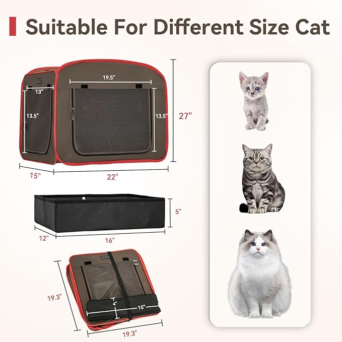 Petsfit Portable Cat Crate with Litter Box and Soft Cushion, Collapsible Pop Up Cat Kennel with Carrying Bag for Travel
