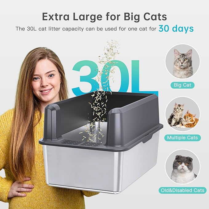 Stainless Steel Litter Box with Lid, 14” XL Stainless Steel Cat Litter Box Enclosure, Extra Large Metal Cat Box, Non-Sticky, Anti Leakage, Easy Cleaning Litter Pan, Include Scoop (Gray)