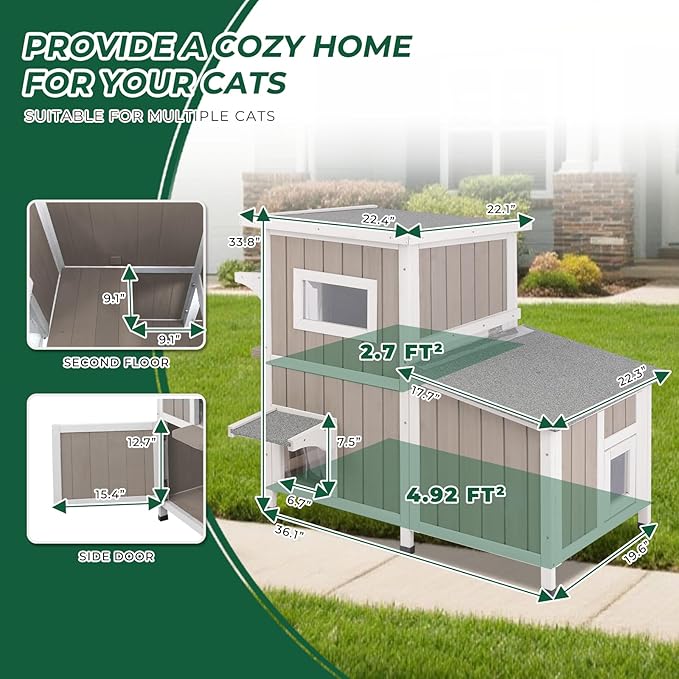 Outdoor Cat House Weatherproof, Two Story Wooden Feral Cat House Shelter with 3 Escape Door, Outside Cat Condo for Small Animals with Openable Asphalt Roof, Grey