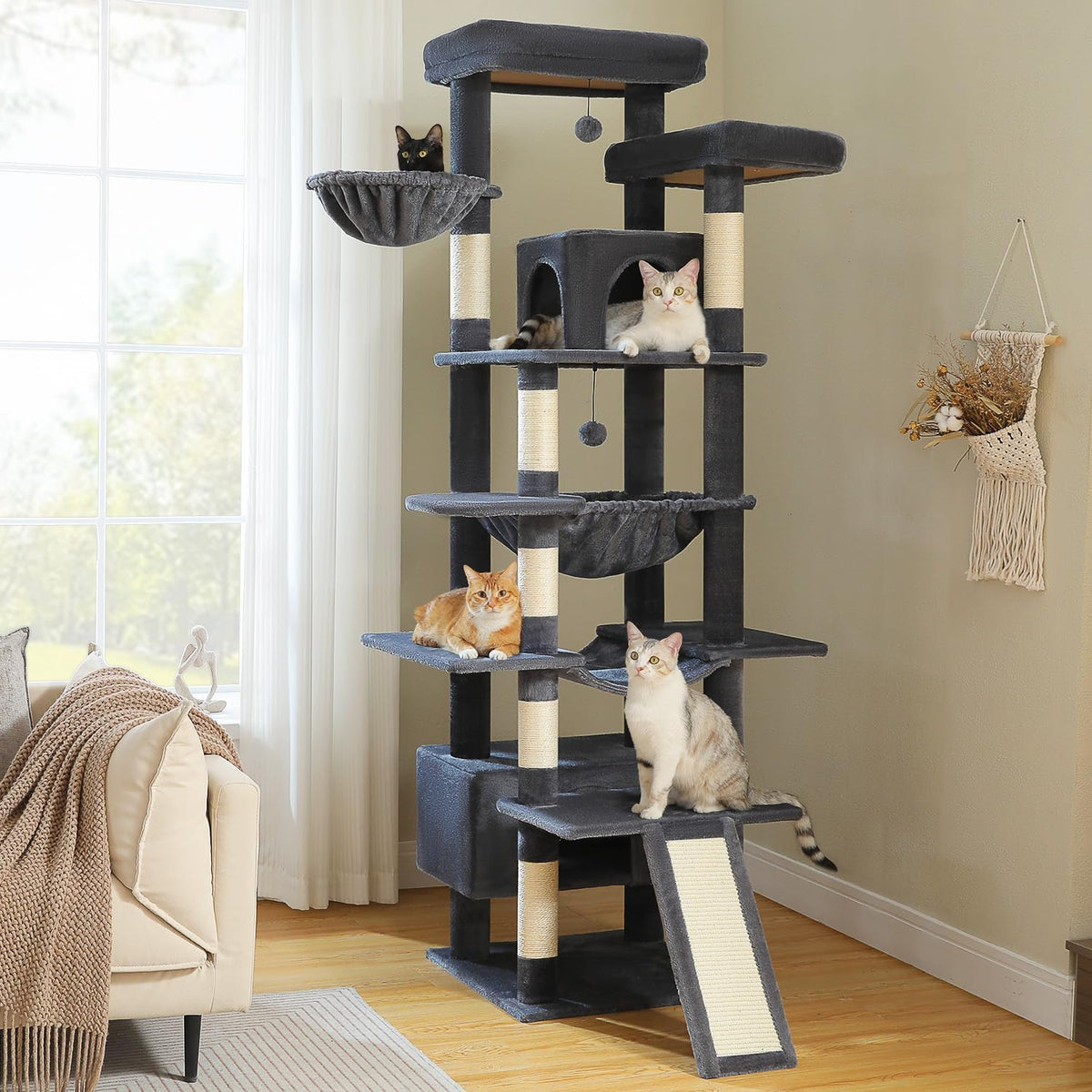 81 Inch Tall Cat Tree for Big Cats & Multi-Cat Homes, Large Heavy Duty Cat Tower with Metal Frame Hammock, 6 Scratching Posts, 2 Condos, 2 Perches, Scratching Pad - Dark Grey