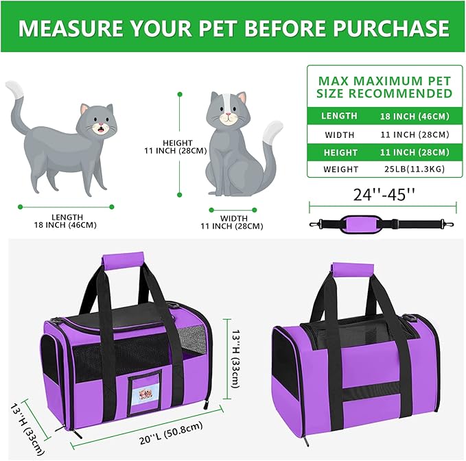 Large Cat Carrier Soft Sided Pet Carriers for Large Cats Under 25 lbs, 20" Dog Carrier Cat Carrier for 2 Cats Travel Carrier, Purple