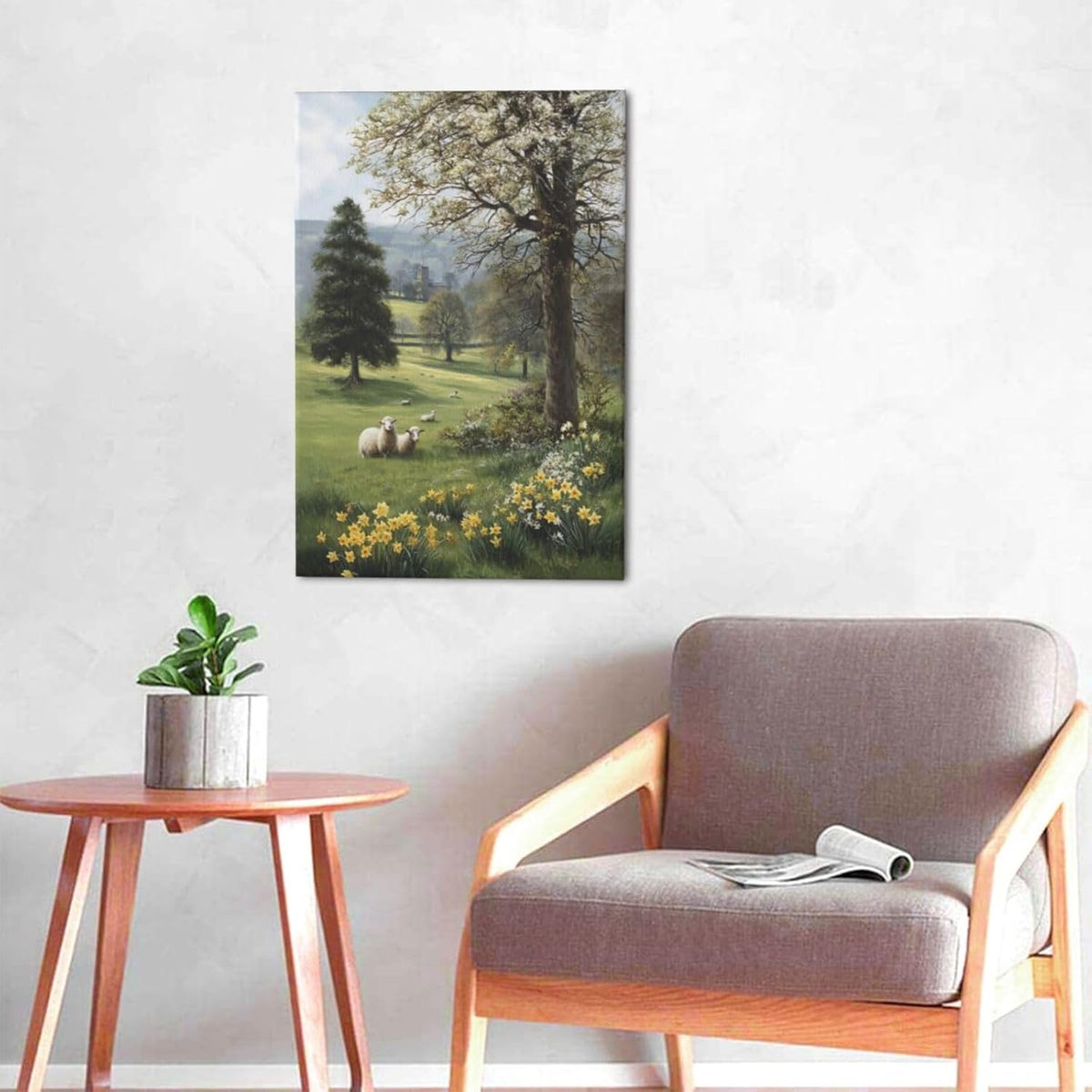 Country Sheep Canvas Wall Decor Farmhouse Rustic Lamb Wildflower Wall Art Nature Countryside Landscape Pictures Painting Print Framed Artwork Decorations for Bathroom Living Room Bedroom 16"x24"