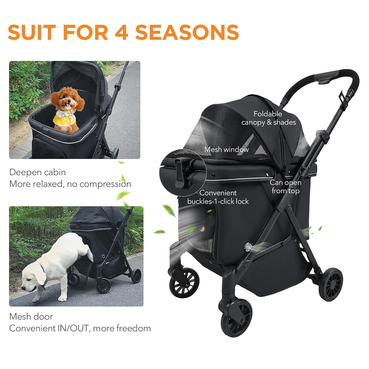 Pet Stroller for Small Dogs – No-Zip Deep Seat, Lightweight Compact Dog Stroller for Small Dogs & Cats with Reflective Trim Storage Basket Soft Waterproof Pad,Foldable Universal Coche para Perro