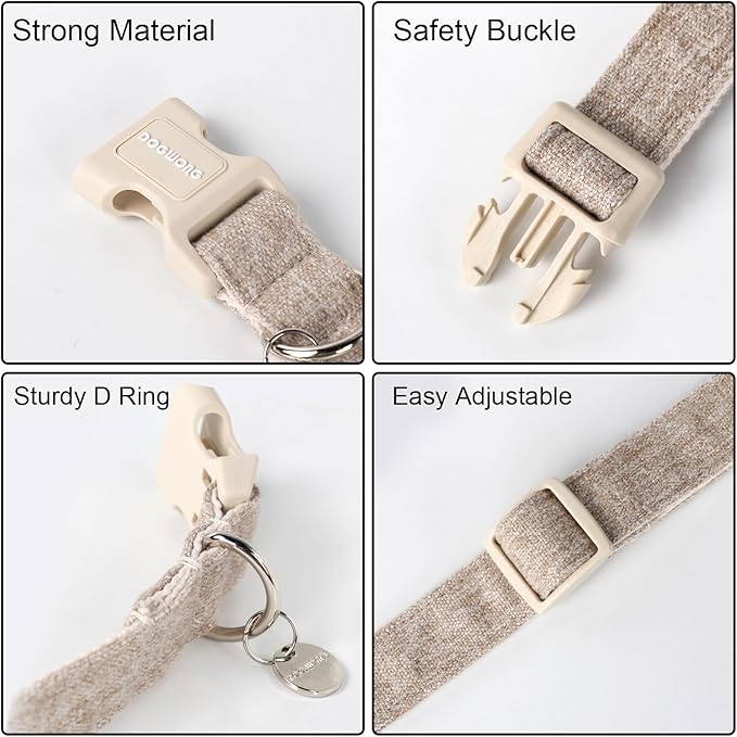 DOGWONG Cotton Hemp Dog Collar, Heavy-Duty Khaki Dog Collar Adjustable Soft Natural Fabric Pet Cute Wedding Puppy Necklace for Small Medium Large Dogs