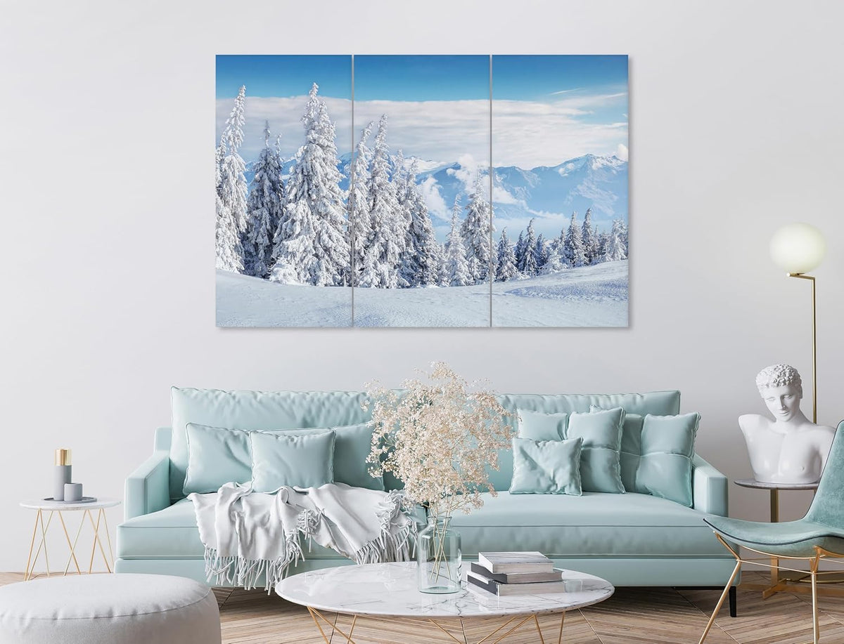 Nature Wall Art Prints - Ocean Forest Mountain Lake Canvas Landscapes - Small to Extra Large Living Room Bedroom Kitchen Bathroom Décor (Snow Covered Trees on Mountain, 31L" x 47W" - 3 Panels)