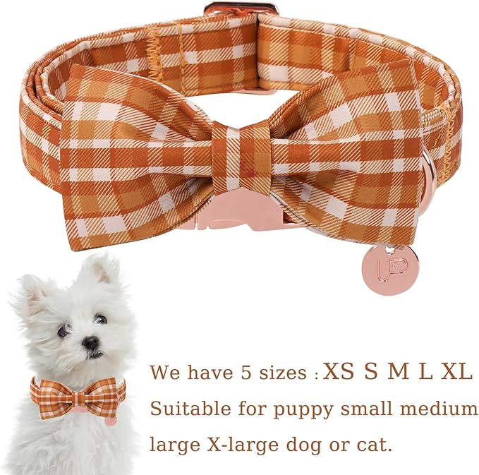 Fall Plaid Dog Collar and Bow Tie Set – Brown Orange Checkered Adjustable Collar with Maple Leaf Charm for Small Medium Large Dogs, Soft Cotton Puppy Collar with Quick Release Buckle