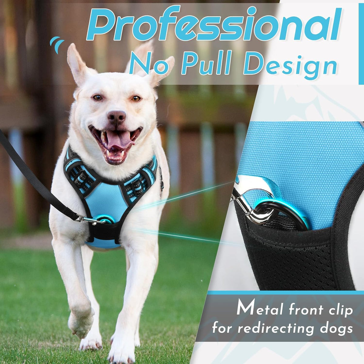 Eagloo Dog Harness Large Breed, No Pull Service Vest with Reflective Strips and Control Handle, Adjustable and Comfortable for Easy Walking, No Choke Pet Harness with 2 Metal Rings, Sky Blue, XL