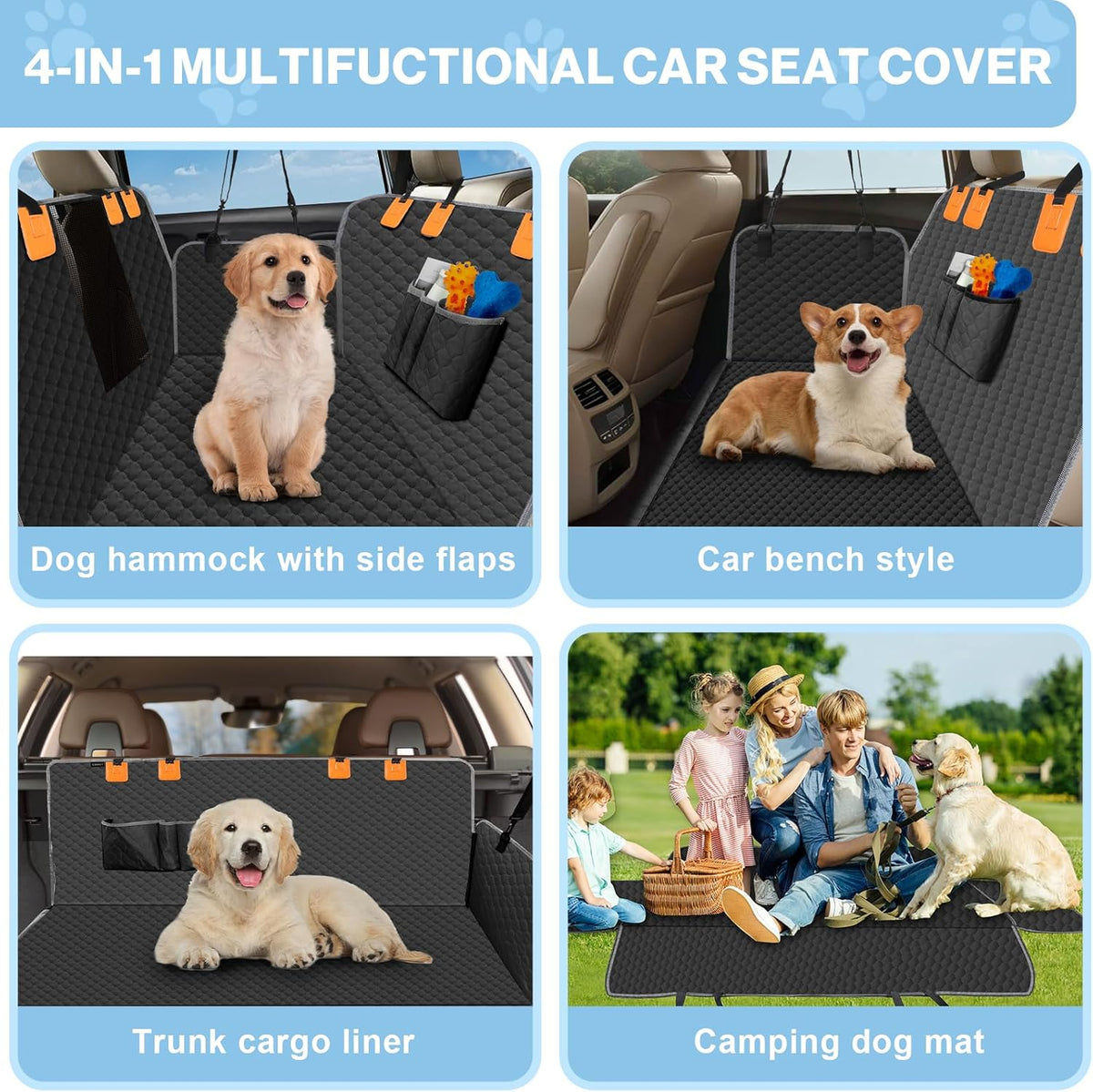 Dog Car Seat Cover for Back Seat, Waterproof Protector with Side Flaps, Scratchproof Hammock, Non-Slip Bottom for Cars/Trucks/SUVs (Black+Grey)