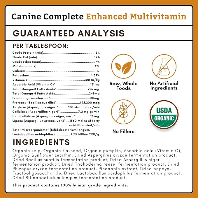 Wholistic Pet Organics Canine Complete - Dog Multivitamin Powder - 8 Oz - Daily Dog Vitamins and Supplements for Homemade Food - Immune System, Skin, Coat & Overall Health - Small and Large Breed