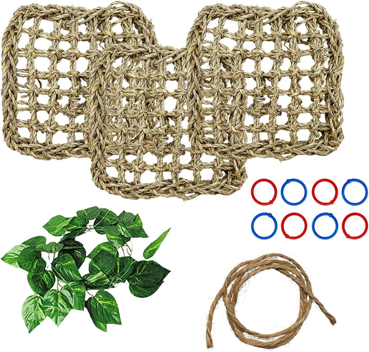 BNOSDM Bird Seagrass Mat, 3 PCS 7.1 x 7.1 Inches Parrot Natural Seagrass Woven Bird Net Hammock Mat, Parakeet Climbing Rope Ladder Chew Toys Hut Hideout for Lovebird Cockatiel Conure Budgie
