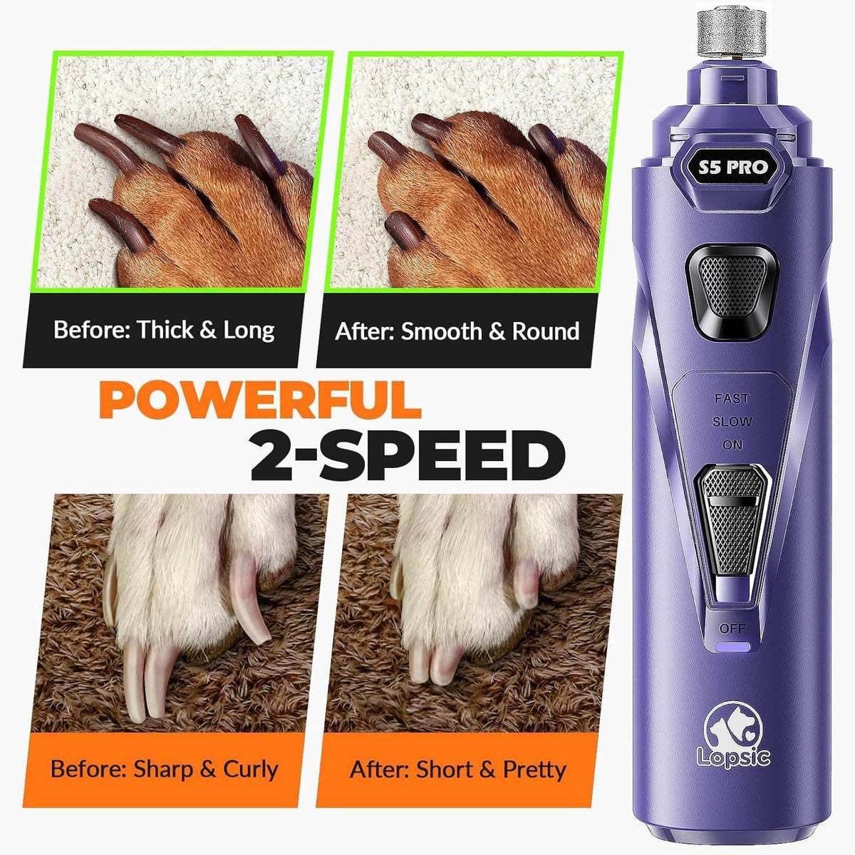 Dog Nail Grinder with 2 LED Lights Powerful 2 Speeds Super Quiet Dog Nail Trimmers with 3 Grinding Wheels Rechargeable Pet Dog Nail Clippers for Large Medium Puppy Dogs Nail File Cat Nail Clipper Blue