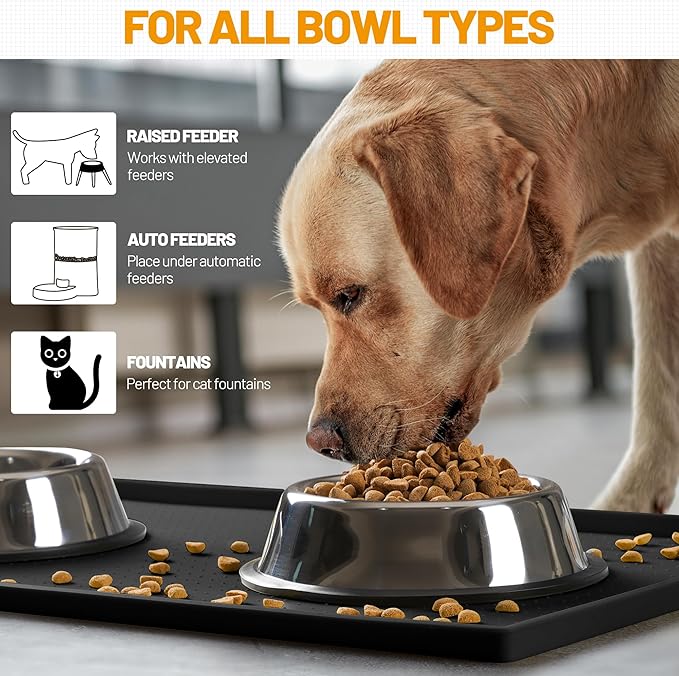 Hubulk Dog Feeding Mat,100% Waterproof Food Grade Silicone Pet Food and Water Bowl Placemat,Dishwasher, High Raised Edge to Prevent Spills,Nonslip Tray to Stop Messes on Floor（28"x18"x0.8", Black）