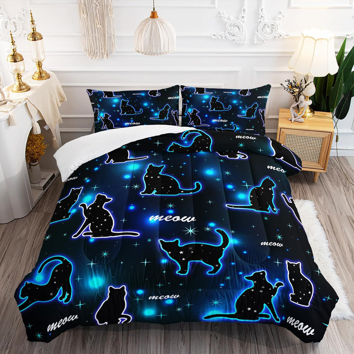 Kawaii Pet Cat Comforter 3Pcs Full Gradient Line Cute Kitten Animal Bedding Set for Kids Teens Girls Boys Cat Glitter Polka Dots Pattern Quilt Bed Decor with 1 Comforter and 2 Pillowcases