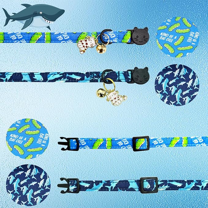 Elegant little tail 2 Pack Cat Collar-Shark Print Cotton Breakaway Cat Collars with Bell Pendant Kitten for Boy Safety Adjustable Collar for Small Cats Puppy