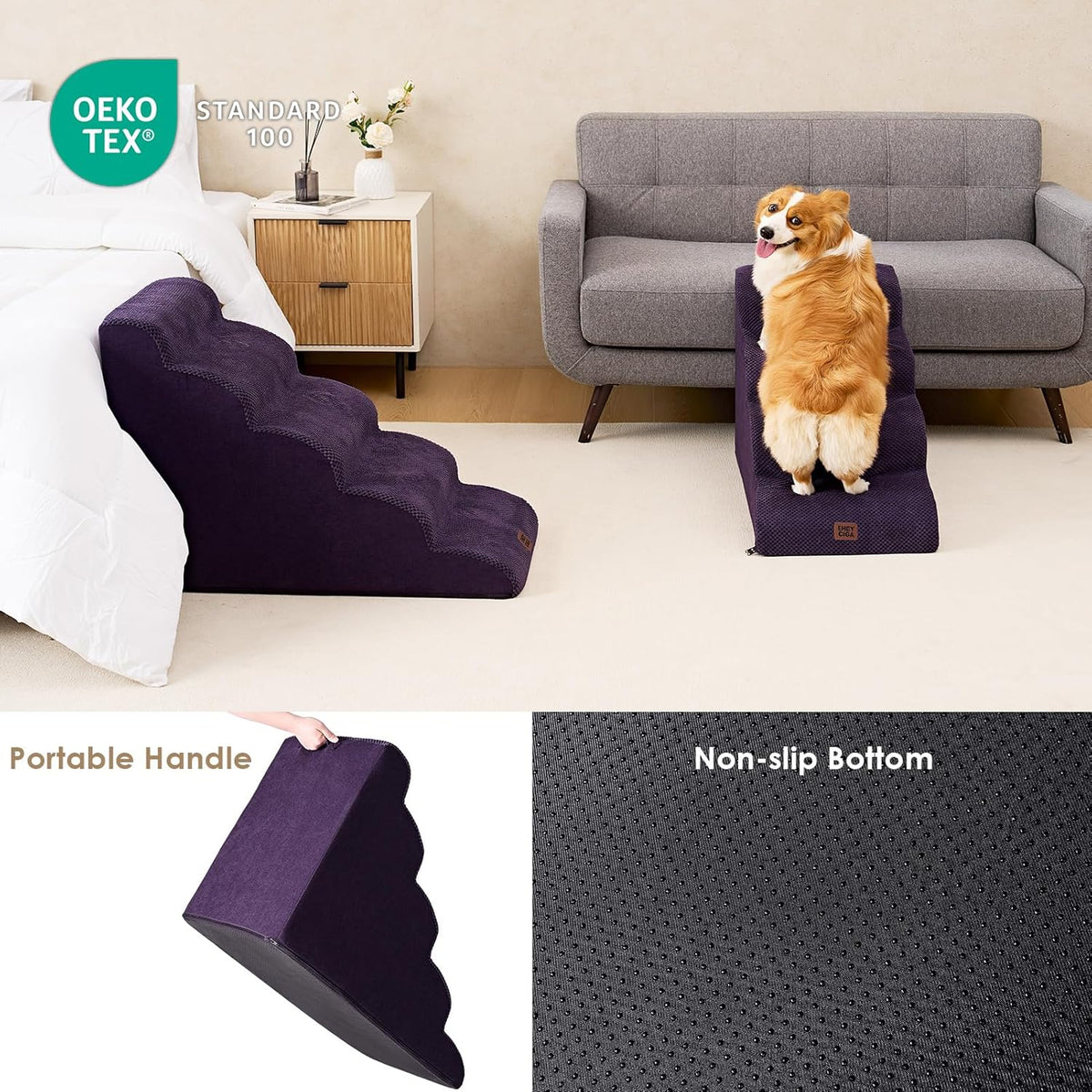 EHEYCIGA Curved Dog Stairs Ramp for High Beds 19.7" H, 4-Step Dog Steps for Small Dogs and Cats, Pet Stairs for High Bed Climbing, Non-Slip Balanced Pet Step Indoor, Purple