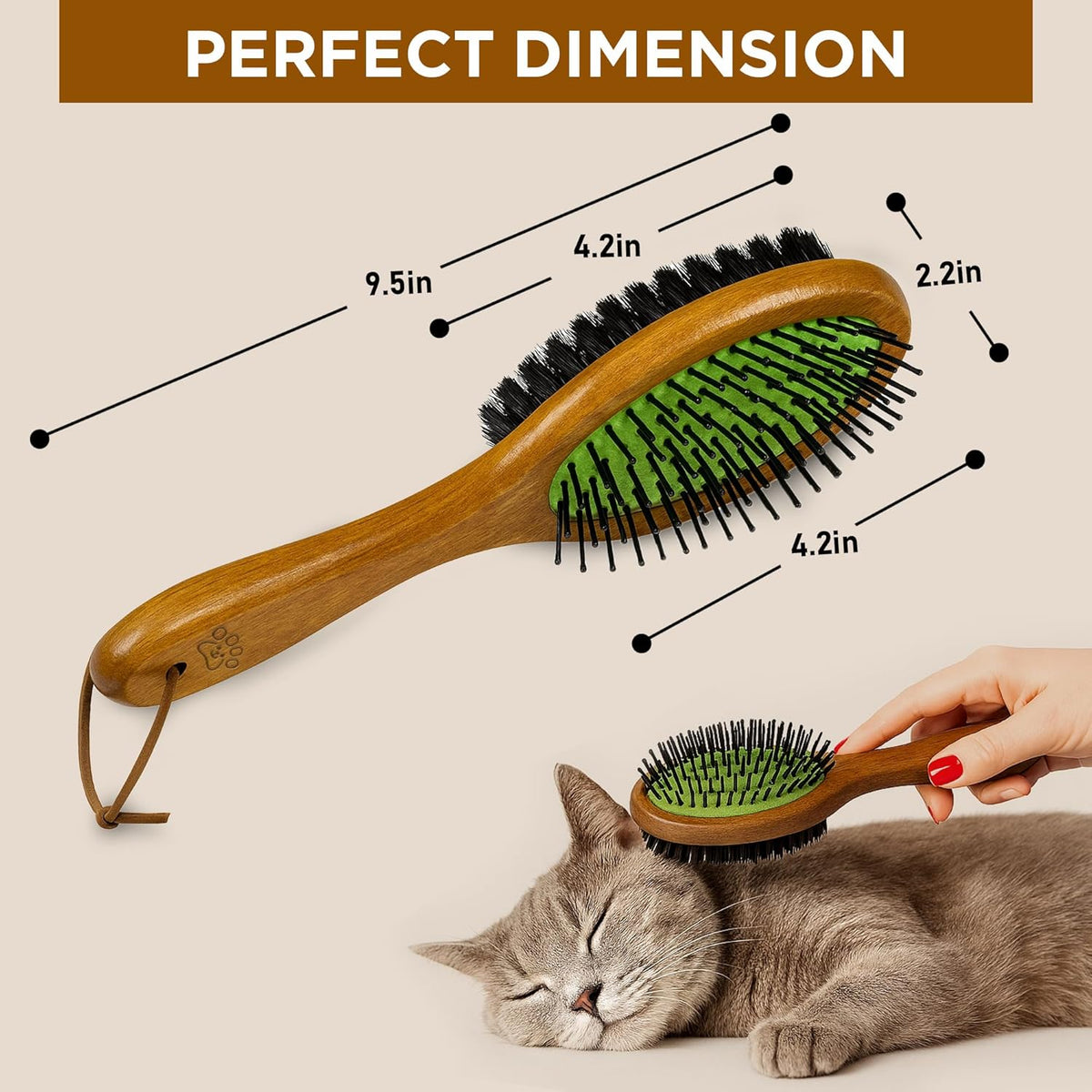 TAKAVU Pin & Bristle Pet Brush for Dogs & Cats - Double Sided Grooming Tool Detangles, Removes Loose Hair & Conditions Coat - Wood Handle